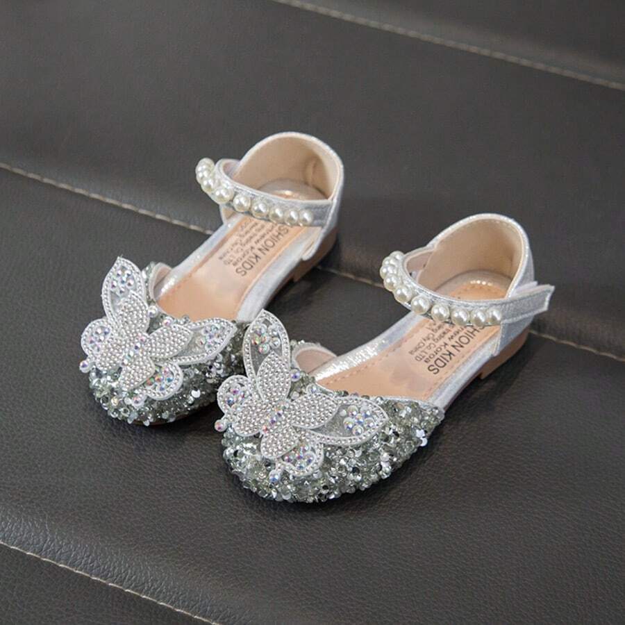 Infant Flat Shoes, Girls' Bowknot Rhinestone Hook And Loop Casual Shoes, Suitable For Wedding Party - Silver - View 1
