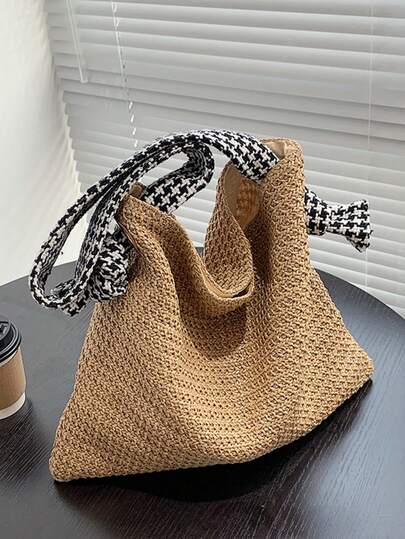 1pc Women's Solid Color Embroidered Soft Woven Straw Shoulder Bag, Essential For Shopping And Travel