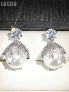1 Pair Luxury Cubic Zirconia & Faux Pearl Drop Earring For Women For Wedding Engagement Anniversary Party Jewelry Valentine's Day Gift - 1# - View 2