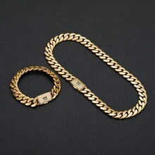 2pcs 14K Gold Plated Hip Hop Jewelry Set For Men, 14mm Thick Stainless Steel Curb Link Chain, Punk Clamshell Buckle Necklace & Bracelet - Gold - View 9