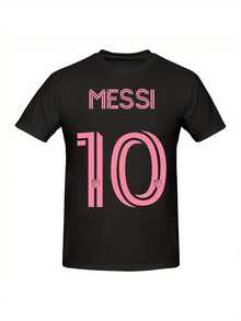 'Argentina  Football Jersey Number 10 T-Shirt - Black With Pink Accents, 100% Cotton Plus-Size Short Sleeve, Breathable & Durable Knit, Machine Washable, All-Season Comfort, Unisex Casual Round Neck Tee For Soccer Supporters & Sports Fans, Comfortable Sports Apparel, Durable Knit Fabric, Fan Merchandise, Highquality Print, Fan Apparel, Adult Apparel' - 黑色 - 查看 1