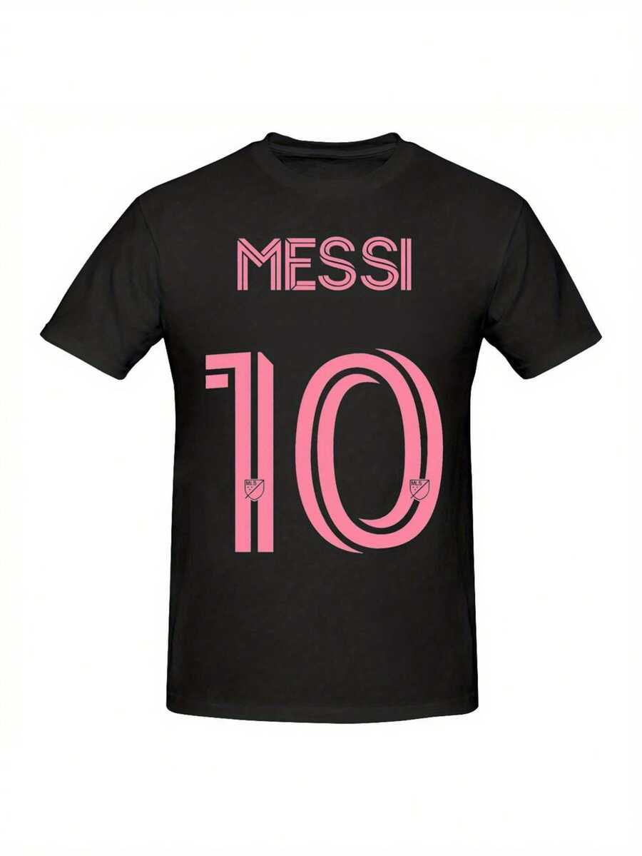 'Argentina  Football Jersey Number 10 T-Shirt - Black With Pink Accents, 100% Cotton Plus-Size Short Sleeve, Breathable & Durable Knit, Machine Washable, All-Season Comfort, Unisex Casual Round Neck Tee For Soccer Supporters & Sports Fans, Comfortable Sports Apparel, Durable Knit Fabric, Fan Merchandise, Highquality Print, Fan Apparel, Adult Apparel' - 黑色 - 查看 1