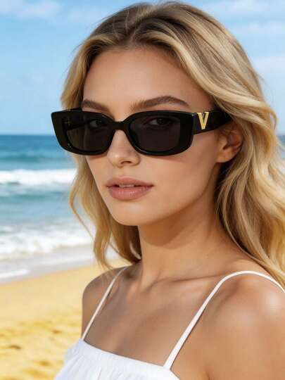 1 副复古时装秀时尚高端独特时尚眼镜，适合女士夏季海滩度假、户外、旅行太阳镜，字母设计复古风格矩形镜框，适合外出装、返校装