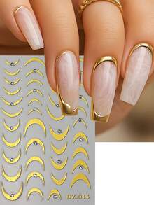 2PCS Gold Silver French-Style Nail Stickers With Rhinestones Curved Lines Strips Design Slider Nail Art Decals DIY Manicure Accessories Tool Nail Supplies - Multicolor - View 3