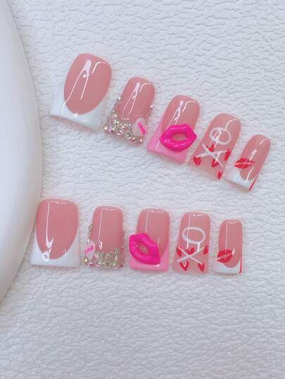 10pcs Y2K Nails Chic Duckbill Press On Nails Set - Handcrafted, Pink Nails, White Nails, Pink And White French Tip Nails, Handmade 3D Kiss Pattern, 3D Mouth Pattern Nail Art, Hand Drawn Red Love Pattern And Red Kiss Pattern Design, Sparkling Rhinestone Accents, Delicate Graceful Nails - Suitable For Women And Girls