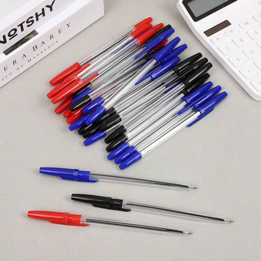 6-50支装蓝色、红色、黑色油性圆珠笔，中号笔尖（1.0毫米），学生教师办公用品