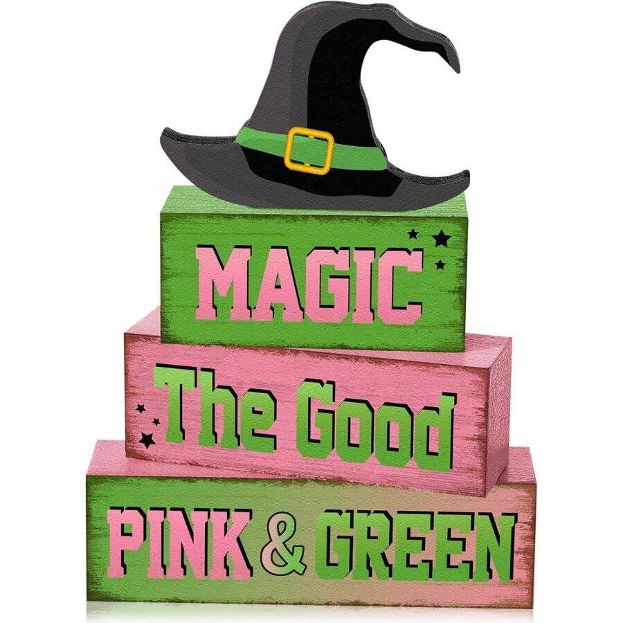 4 Pcs Pink Green Party Decorations Witch And Princess Table Decor Witchy Hat Wooden Signs Farmhouse Pink Green Witch And Princess Table Centerpiece For Home Office Desk Shelf Party Decorations - 7Pcs - Xem 1