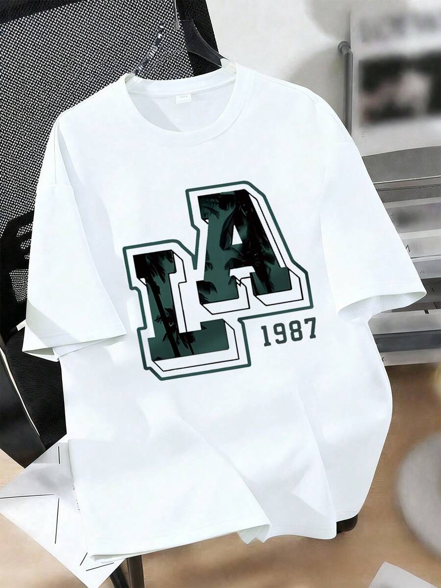 Teenage Boys' LA Print Round Neck T-Shirt, Casual Soft Top For Summer - White - View 1