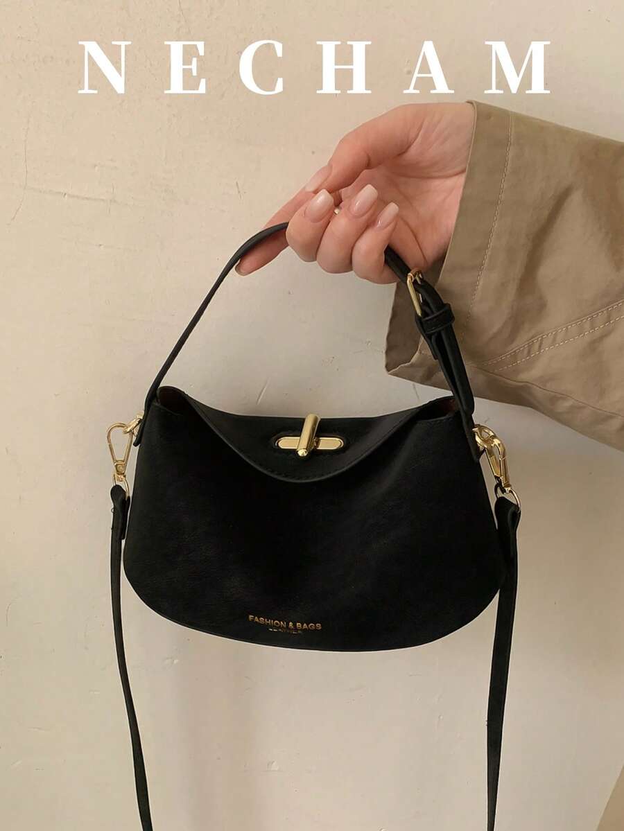 1pc Niche Design Handbag, Women's Box-Shaped Shoulder Bag - Black - View 1