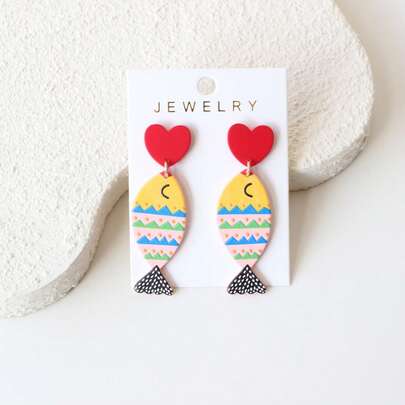 1 par de pendientes colgantes de acrílico con corazón rojo, flores vintage y peces tropicales para mujeres, con textura cerámica elegante y linda, adecuados para fiestas, celebraciones y regalos festivos