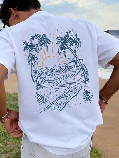 Coastal Men's Vacation Style Island Element Printed Short Sleeve T-Shirt, Suitable For Summer Wear, Comfortable & Breathable, Leading Fashion