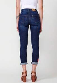 Koroshi Women's Slim Push-Up Denim Trousers With Turn-Up Hem, Embroidered Floral Detail, And Zip And Button Front Closure, Dark Blue, Sizes 34/36/40 - Navy Blue - View 7