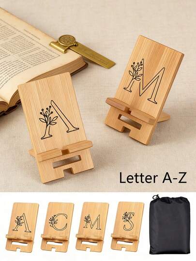 Initial A-Z Portable Phone Holder And Storage Bag, Carving Techniques Diy Detachable Assembly Phone Holder,Creative Integrated Folding Phone Holder,Carving Flower Letter Patterns With Lines, Lazy Desktop Retractable Phone Holder, Essential For Travel, Desktop Accessories, Household Supplies, Storage Supplies, Travel Accessories, Festival Gifts, Valentine's Day Gifts, Teacher's Day Gifts, Good Products For Autumn And Winter, Wood Grain Elements,New Year Gifts, Office Supplies