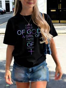 Girl's Cotton T-Shirt, Christian Faith T-Shirt - Jesus Is My Beloved And Printed With Bible Verses (Faith, Hope, Love) - Casual Printed Round Neck Short Sleeved Top, Suitable For Church, Gym, And Daily Wear - Machine Washable Gift, Suitable For Teenagers. - 黑色 - 查看 4