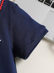 Tween Girl Striped Trim Sailor Collar Pleated Hem Dress - Navy Blue - View 5