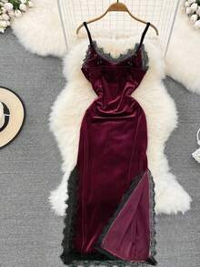 Đầm ngủ nhung ren phối ren tương phản, thanh lịch, gợi cảm kiểu cổ điển - Đỏ Burgundy - Xem 2