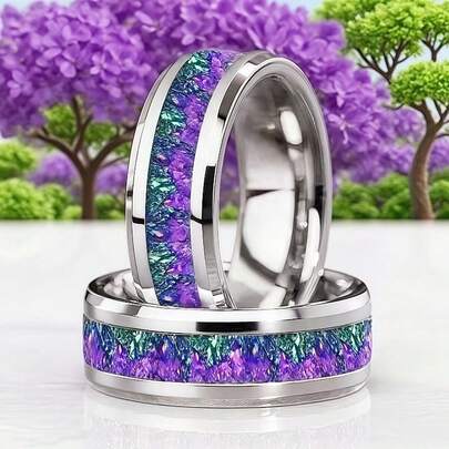 1枚优雅不锈钢紫绿色炫彩戒指，双色花卉设计，男女皆宜，适合日常通勤/百搭情侣戒指。