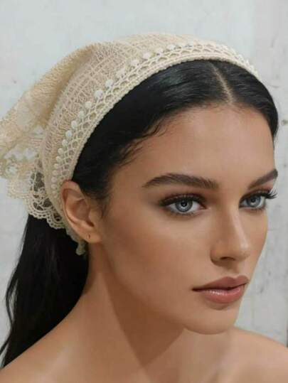 2026 New Polyester Casual Solid Color Triangle Scarf Headband, French Style Lace Ribbon Integrated Headwrap, Countryside Vibe Face-Framing Headband, Slouchy One-Piece Sunscreen Headscarf, Same Style As Zhou Ye, French Atmosphere Hair Accessory Hair Band Diadema Hair Hoop