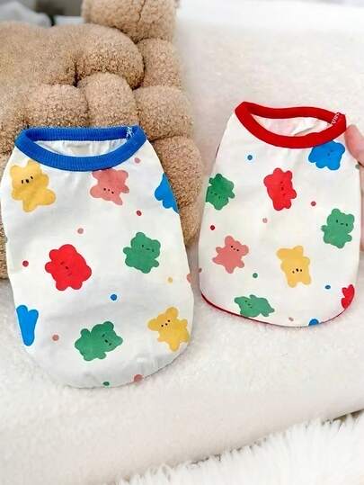 可爱彩色小熊印花小型犬背心，柔软无袖宠物衬衫，透气小型犬夏季背心，可爱猫狗日常穿搭及摄影