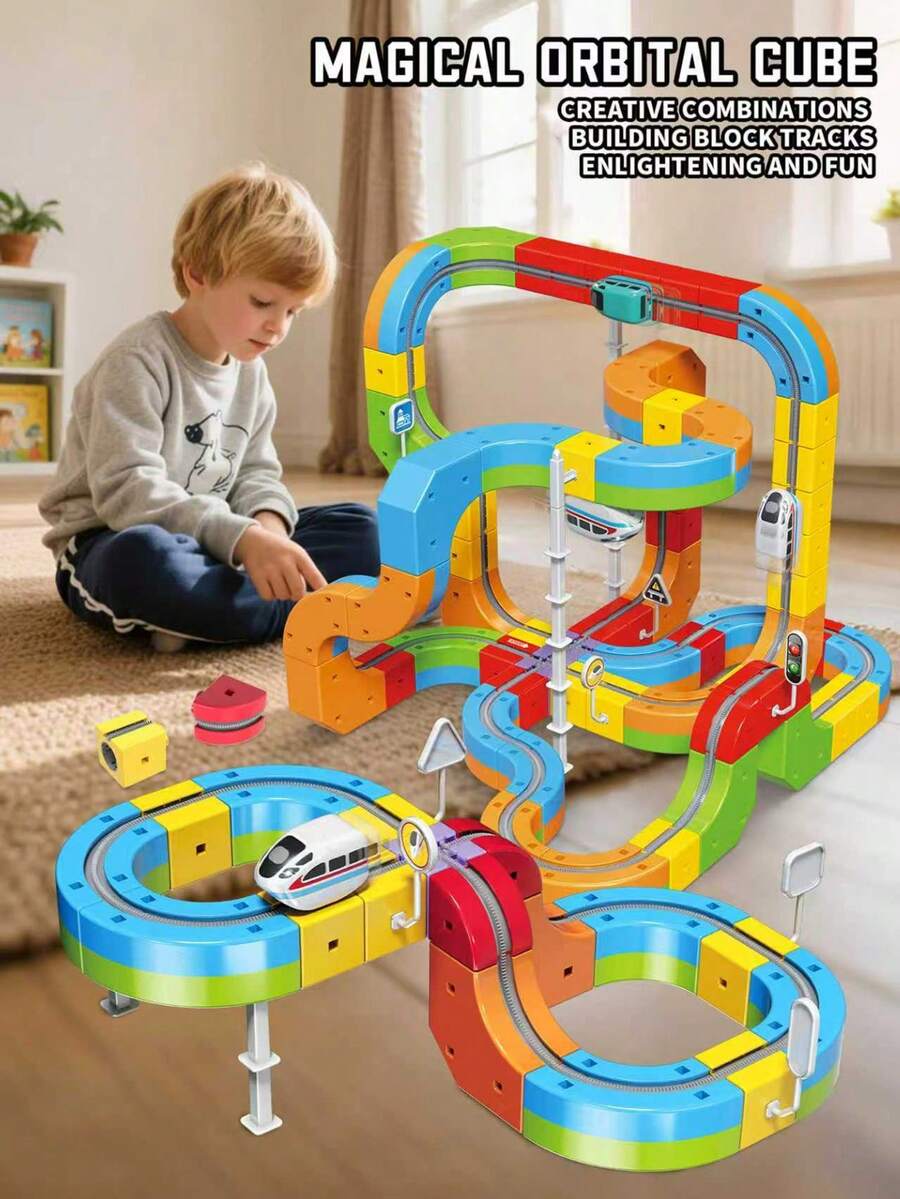 KlickRail 电动火车套装，模块化拼接轨道，配套电动循环列车，32/48 块模块化轨道，适合 3-5 岁儿童，工程玩具火车轨道，抗重力设计，3D 嵌入式布局和动力车辆，STEM 学习礼物，适合万圣节、圣诞节、感恩节送礼