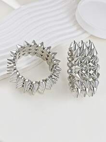 2pcs Punk Style Exaggerated Rivet & Beaded Bracelet, Suitable For Women And Couples - Silver - View 3