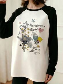 Y2K 复古涂鸦印花插肩袖T恤，休闲宽松长袖T恤，饰有可爱星星和爱心图案，女款白色 - 白色 - 查看 4