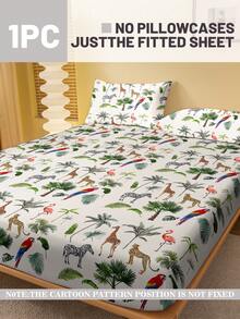 1件简约现代绿色植物动物印花磨毛床笠，卧室印花床罩，床上用品（不含枕套） - 彩色 - 查看 2