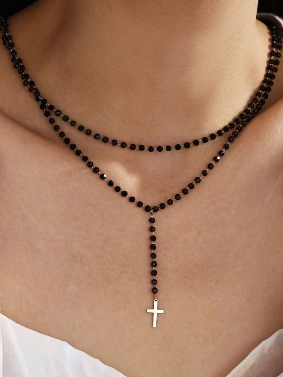 复刻人造水晶串珠项圈，搭配多层十字形吊坠项链 - 彩色 - 查看 1