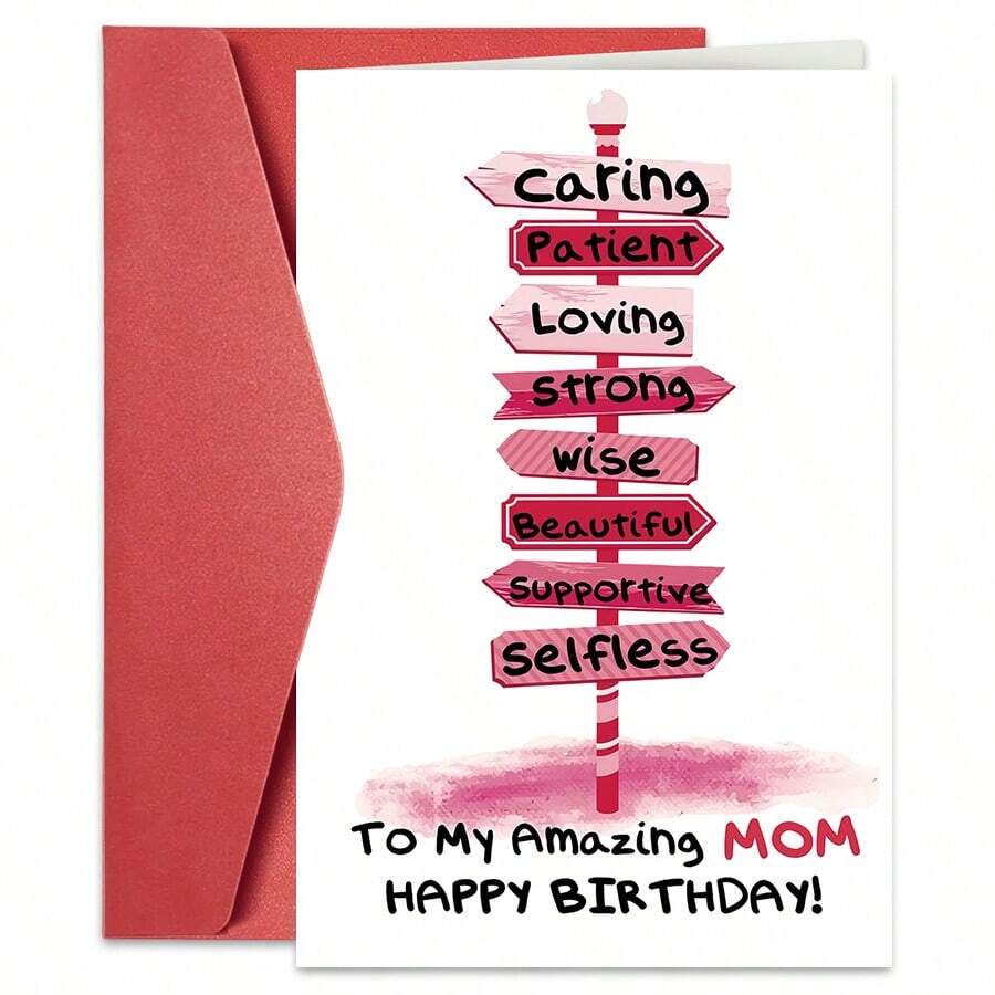 1PC Sweet "Amazing Mom" Birthday Card (With Envelope) - "To My Amazing Mom" Road Sign Illustration, Perfect For Mom/Birthday/Mother's Day, Loving Greeting Card - Multicolor - View 1