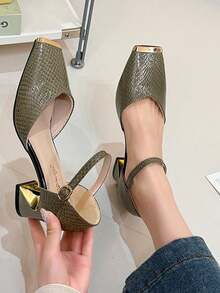 2026 New Shiny Metal Buckle Thick Heel Non-Slip Mid-Heel Mary Jane Shoes, French Square Toe Black Versatile Strap Low Vamp Professional Elegant High Heels For Women - Green - View 9