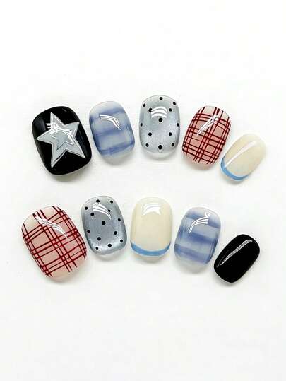 10pcs Pure Handmade Press On Nails Short Round Nail Bule Red White And Black Cat Eye Nails With Stars And Checked Style Fancy Cute Pain Y2k Gentle Stroble Flash Temperament For Women And Gril,Spring Summer Fall Winter,Holiday And Dailys Life Use Handmade Press On Nails