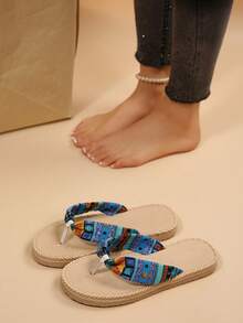 女士波西米亚佩斯利花纹彩虹印花人字拖，休闲编织底轻便防滑凉鞋，舒适夏季沙滩/假日日常穿着鞋 - 淺藍色 - 查看 5
