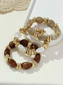 LADYCOCO 3pcs Vintage Thick Multi-Layer Multi-Color Acrylic Beaded Bracelet, Transformable Gold Chip Bracelet, Suitable For Women, Couples, Parties, Daily Wear - Multicolor - View 2