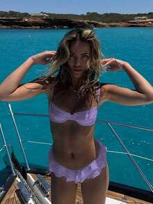 Women's Purple Hollow Out Double Ruffle Trim Bikini Swimsuit Set, Romantic Sexy Beach Vacation 2 Pieces Swimwear, Summer - Purple - View 1