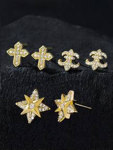 1对/2件朋克风水钻盾形耳钉，几何立方氧化锆镀铜，男女皆宜的时尚耳环，适合日常佩戴和派对，也可作为情人节或新年礼物。 - 彩色 - 查看 10