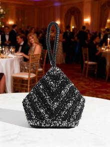 女士几何图案水钻装饰手提包，不对称手拿包，优雅派对活动配饰，可搭配晚礼服 - 黑色 - 查看 5