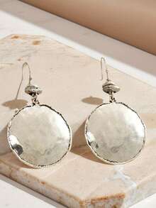 1 Pair New Retro Minimalist Distressed Metal Disc Earrings, Versatile Daily Wear Earrings For Women - Antique Silver - View 3