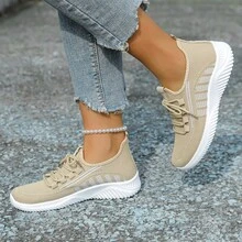 女士透气跑步鞋，新款春秋季防滑软底舒适休闲百搭平底鞋 - 卡其色 - 查看 4