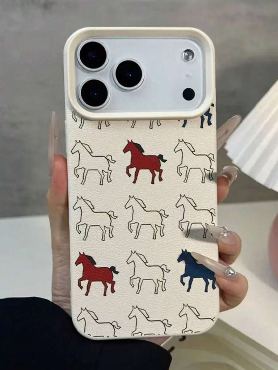 1pc Minimalist Horse Pattern Black White Red Blue UV Printed Leather Texture Phone Case, Compatible With Iphone XR, 11 To 17 Including ProMax And Plus Models, And Series, Fashionable Protective Case, Suitable For Fashion Lovers, Music Lovers, Perfect As Birthday Gift, Valentine's Day Gift For Both Men And Women - Multicolor - View 1