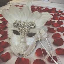 Máscara de alta calidad hecha a mano, máscara de disfraz para baile de máscaras, baile de graduación, disfraz de fiesta de festival, accesorio de maquillaje para conciertos, máscara unisex de cara completa con plumas, máscara blanca con diamante de imitación, máscara de Halloween, máscara veneciana - Ver 5