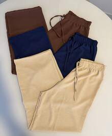 Set Of 3 Women's Pants Duna Wide-Leg Pants Trio High-Waisted Wide-Leg Pants Elastic Waistband Premium Duna Fabric Wrinkle-Resistant Shrink-Resistant Loose-Fitting Pants One Size Elegant Work Outfit Versatile Piece Fashionable For Summer Winter Spring Autumn Superior Quality - 米色/海軍藍/棕色 - 查看 8