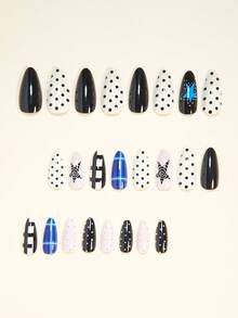 24片杏仁形黑色波点、蓝色星星装饰人造指甲，包含1张贴纸和1个迷你指甲锉，款式随机发货 - 优雅黑色星星、黑色线条、蓝色线条、粉色全覆盖人造指甲 - 藍色 - 查看 2