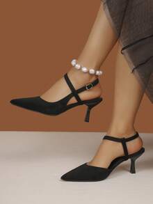 Giày cao gót mũi nhọn mới, giày cao gót mũi nhọn bằng da lộn màu đen, sandal hở mũi mùa hè dành cho nữ với dây đeo đính ngọc trai giả, giày cao gót quai mảnh. - màu đen - Xem 3