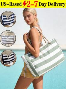 Beach Bags For Women, Large Waterproof Beach Tote Bag With Zipper, Plus Size Women's Waterproof Beach Tote Bag, Women Canvas Shoulder Bag, Waterproof Sandproof Swim Pool Bag, Large Tote (Pattern Random),  Portable, Foldable, Business Casual Simple Stripe Design Tote Bag For Teenagers, Women, College Students, Middle & High School Students, Outdoor, Travel, Picnic, Work, Business, Commuting, Vacation, Shopping And Holiday[US Local Warehouse]The Best Gift Choice, Birthday Gift - Nhiều màu - Xem 2