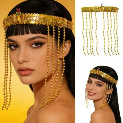 1個 ゴールド ロング ビーズ クレオパトラ ヘッドピース、ビーズヘッドバンドアクセサリー、カーニバル、フェスティバル、パフォーマンス、パーティーに適しています