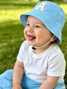 1顶新生儿婴幼儿儿童A-Z字母刺绣渔夫帽，可调节休闲户外遮阳帽，适合0-2岁男孩女孩 - 淺藍色 - 查看 2