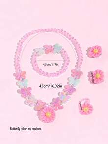 5件套女孩可爱蝴蝶花朵串珠项链、手链、耳环、戒指首饰套装，适合日常佩戴、节日派对、生日礼物 - 均碼 - 查看 7
