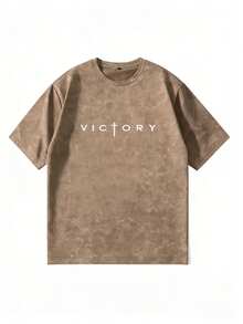 GRDR 男士胜利印花水洗圆领短袖T恤，舒适透气，夏季必备 - 棕色 - 查看 4