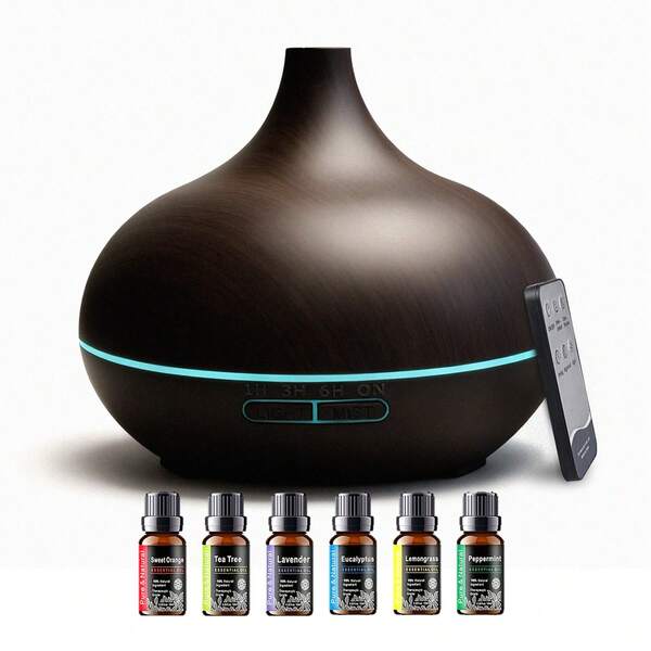550ml Blck Wood Grain USB Diffuser With Ultrasonic Mist, Remote Control, 7 Color LED Light