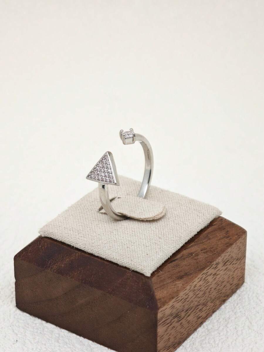 1 pieza Anillo abierto de triángulo de circonita minimalista, adecuado para mujeres - Plateado - Ver 1